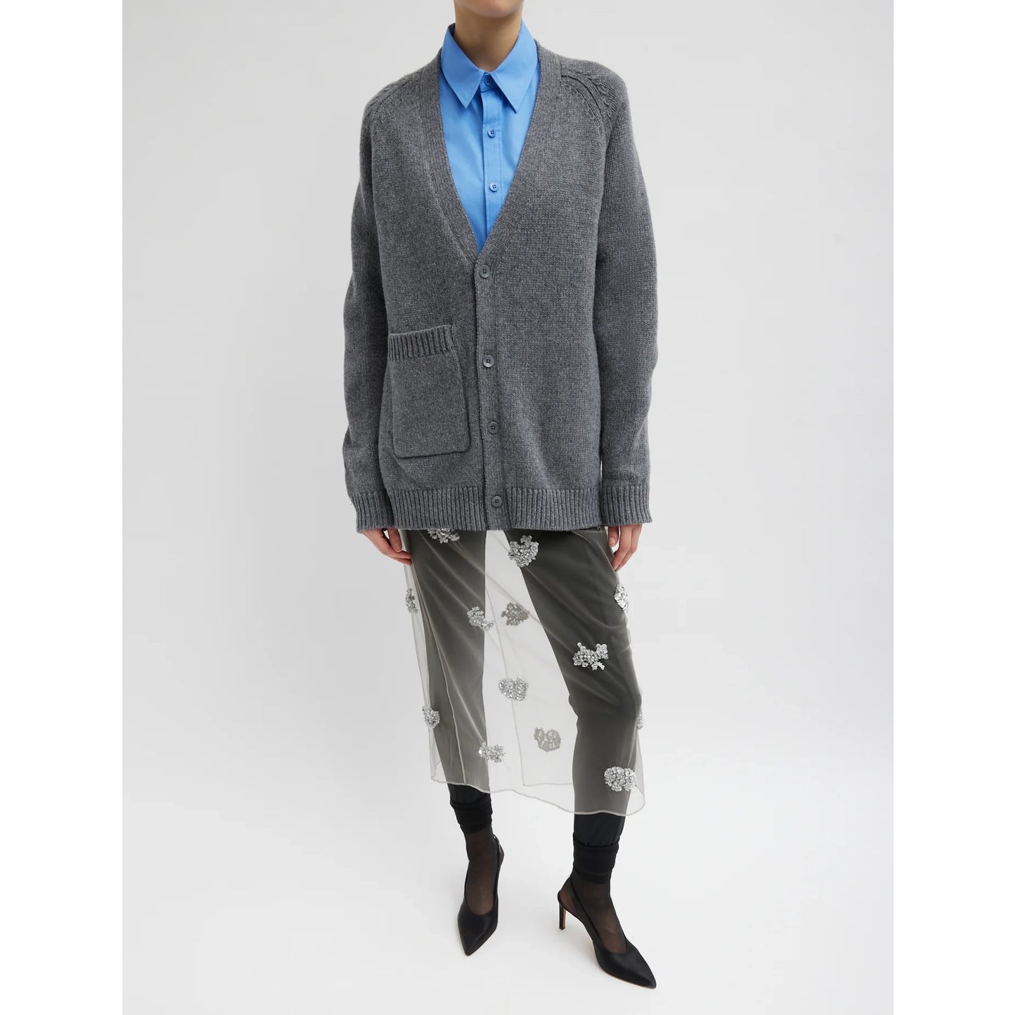 Tibi Soft Sweater Fringed Half Cardigan in Grey/Black, size S/M