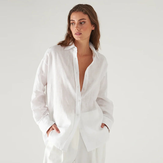 Patrick Assaraf "Boyfriend" Linen Shirt in White, size Medium