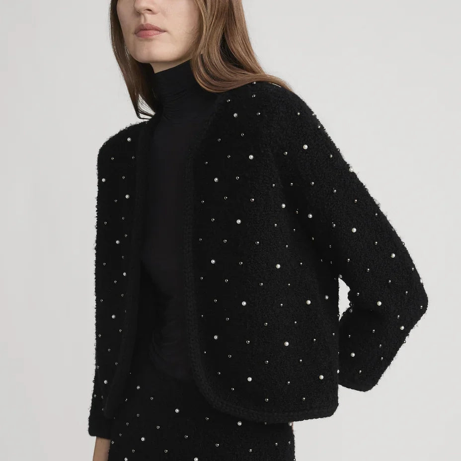 FRAME Wool-Blend Embellished Knit Jacket in Black, size Medium