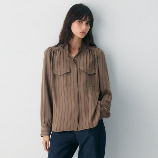 Wilfred "Overture" Crepe Blouse in Taupe/Brown Stripe, size Small