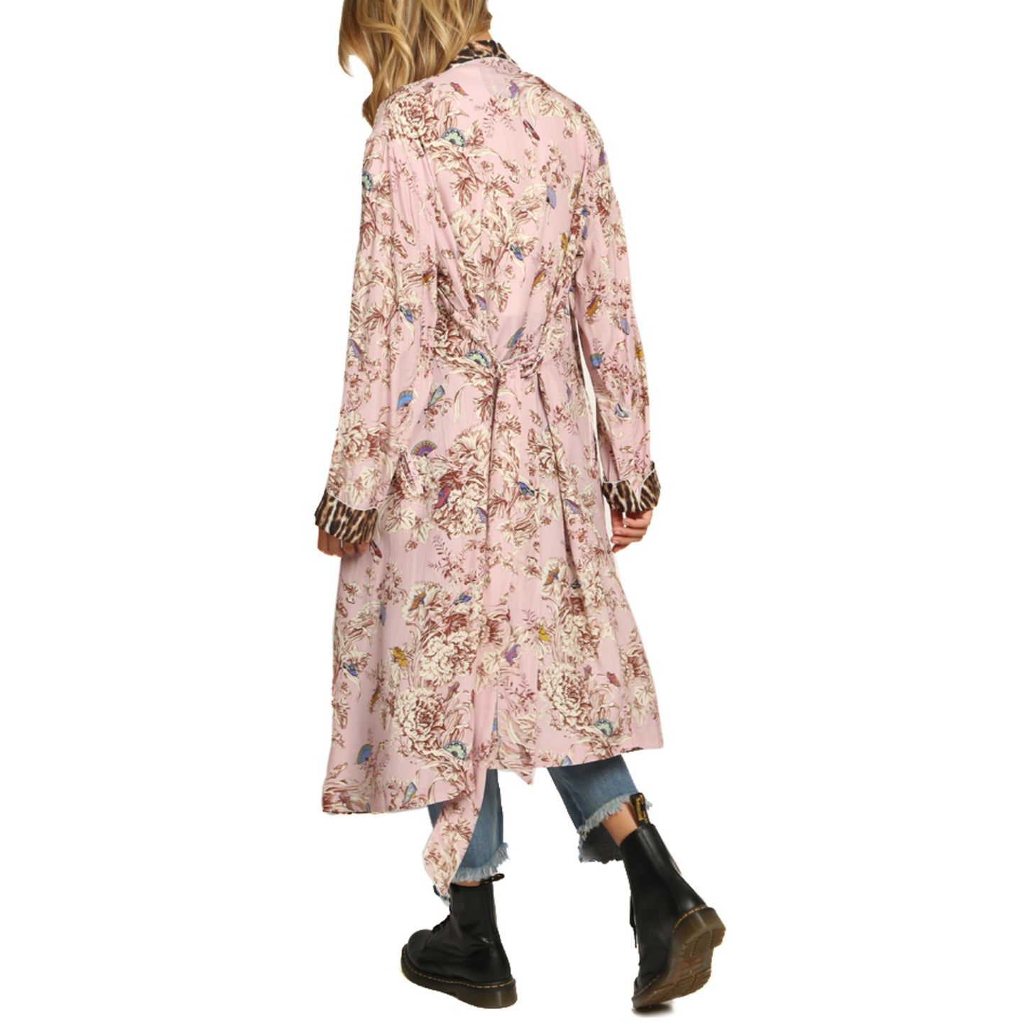 R13 Smoking Robe in Pink Floral with Leopard Trim, size Small