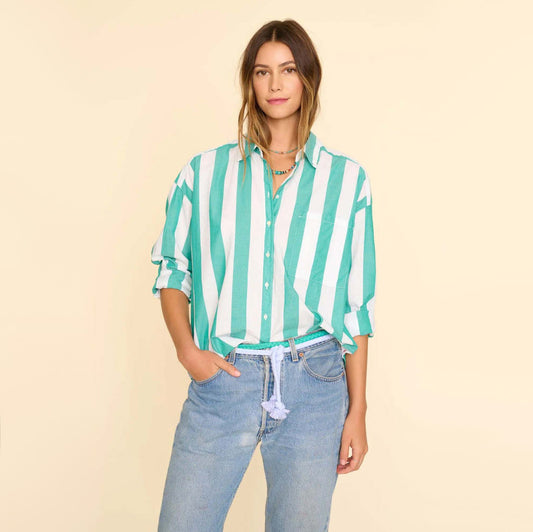 Xirena "Jordy" Striped Cotton Shirt in Julep Green, size Small (fits S-M)