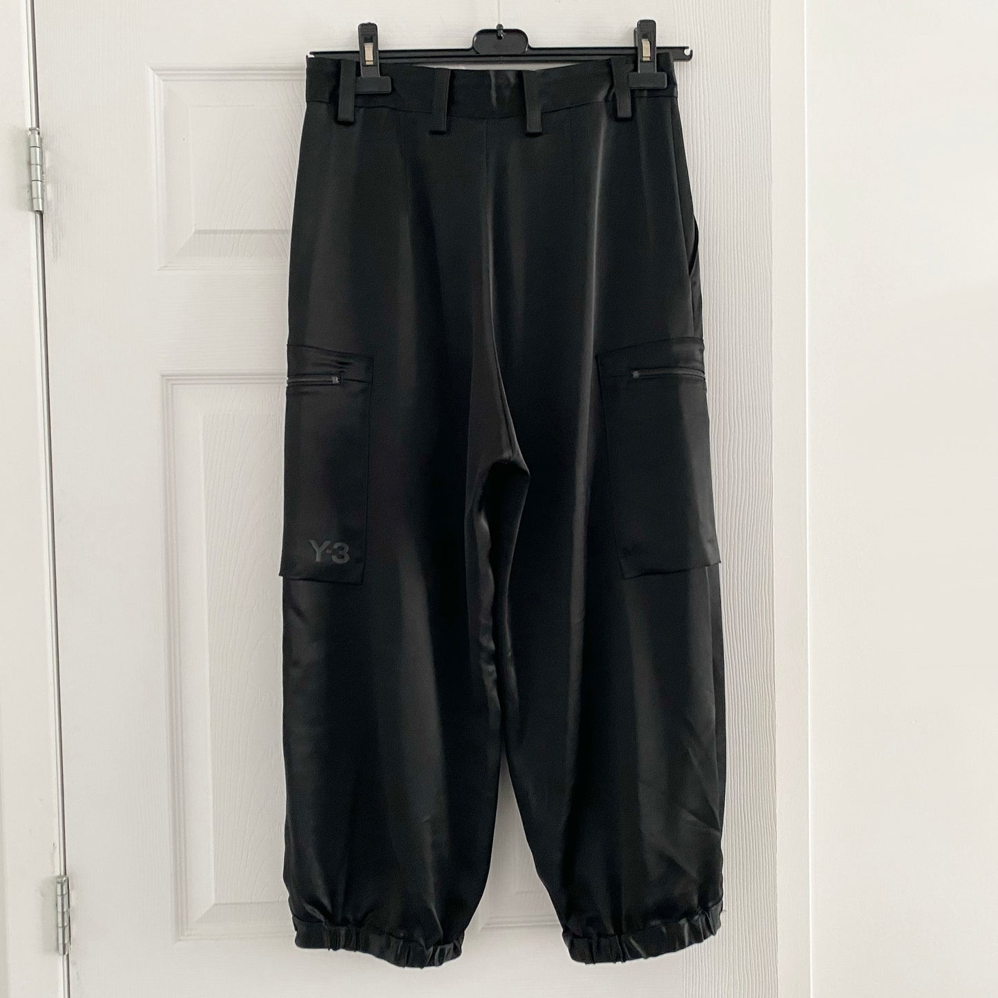 Y-3 Satin Joggers in Black, size Small