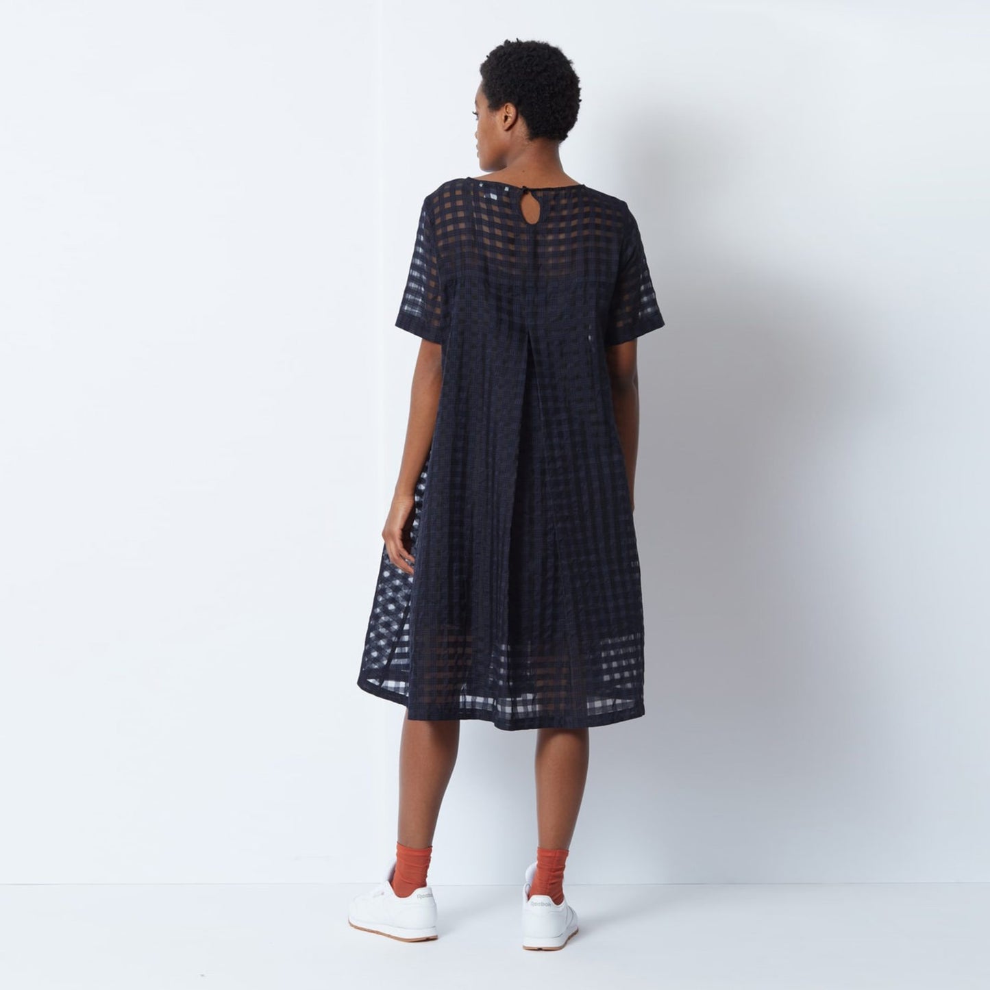 You Must Create "Cruz" Big Pleat Gingham Dress in Navy, size Large