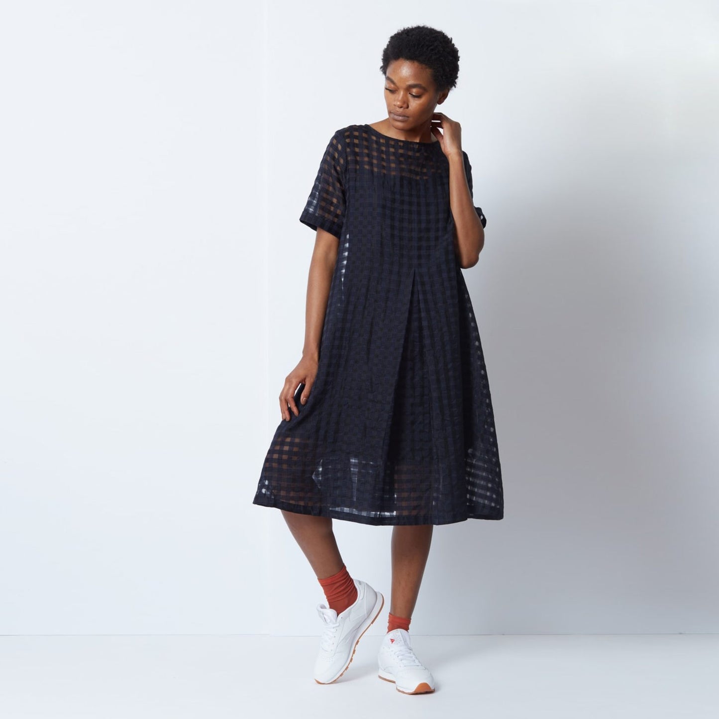 You Must Create "Cruz" Big Pleat Gingham Dress in Navy, size Large