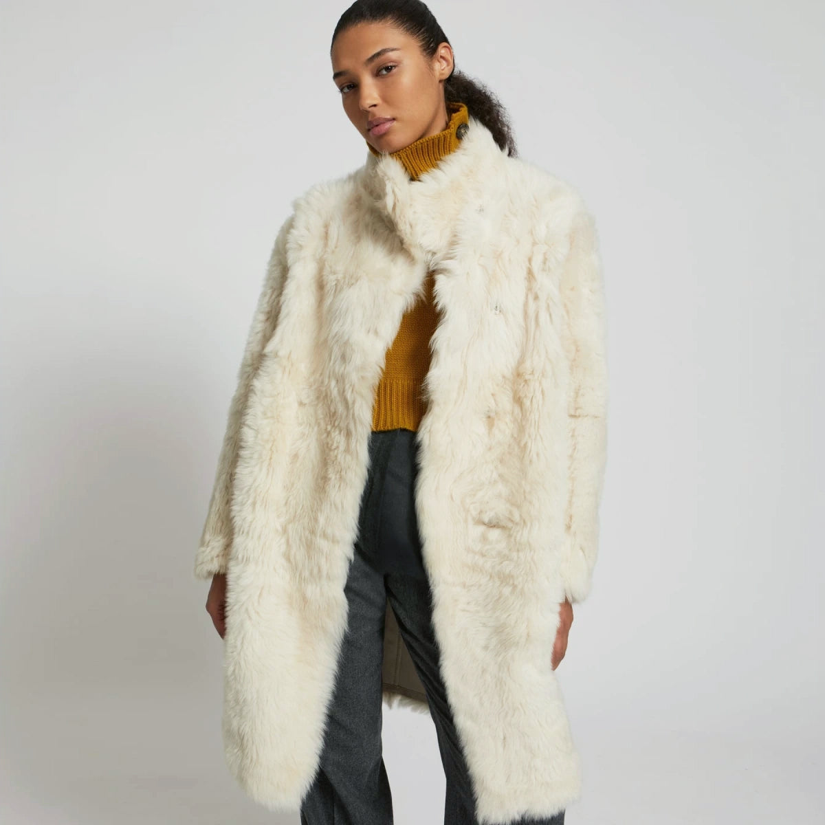 Yves Salomon Ivory Lamb Fur Coat w Belt, size 38 (fits 4/6)