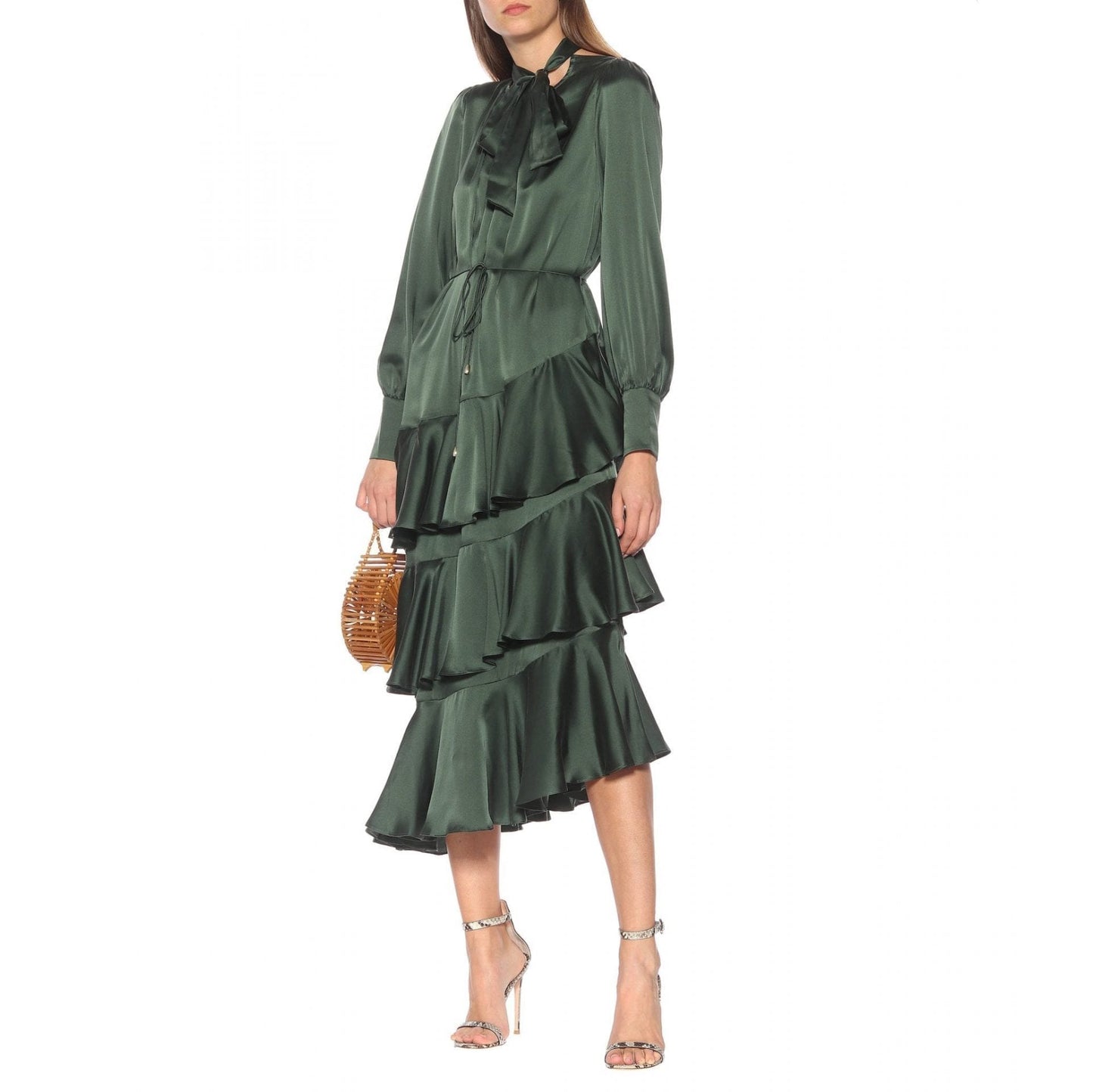 Zimmermann "Espionage" Tiered Satin Dress in Green, size "1"