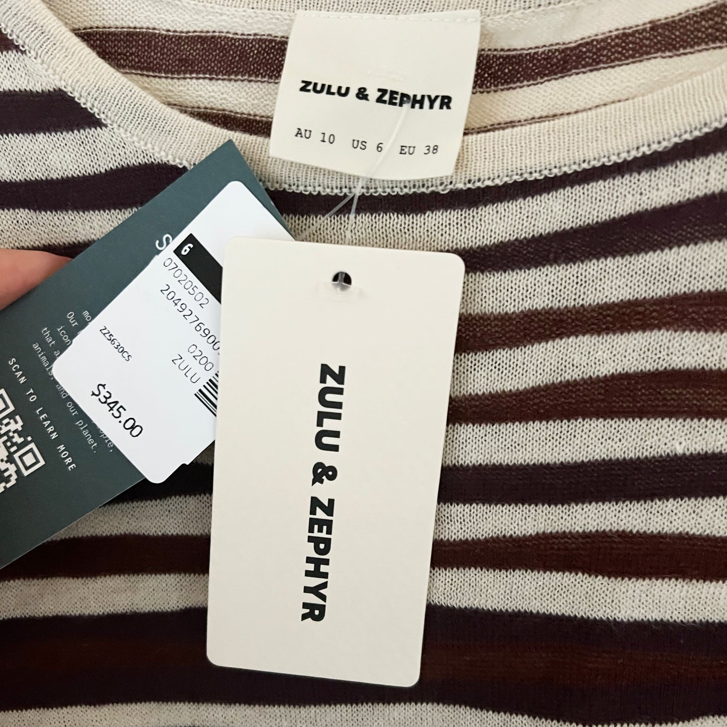 Zulu & Zephyr T-Shirt Knit Dress in Chocolate Stripe, size 6 (fits like size Small)