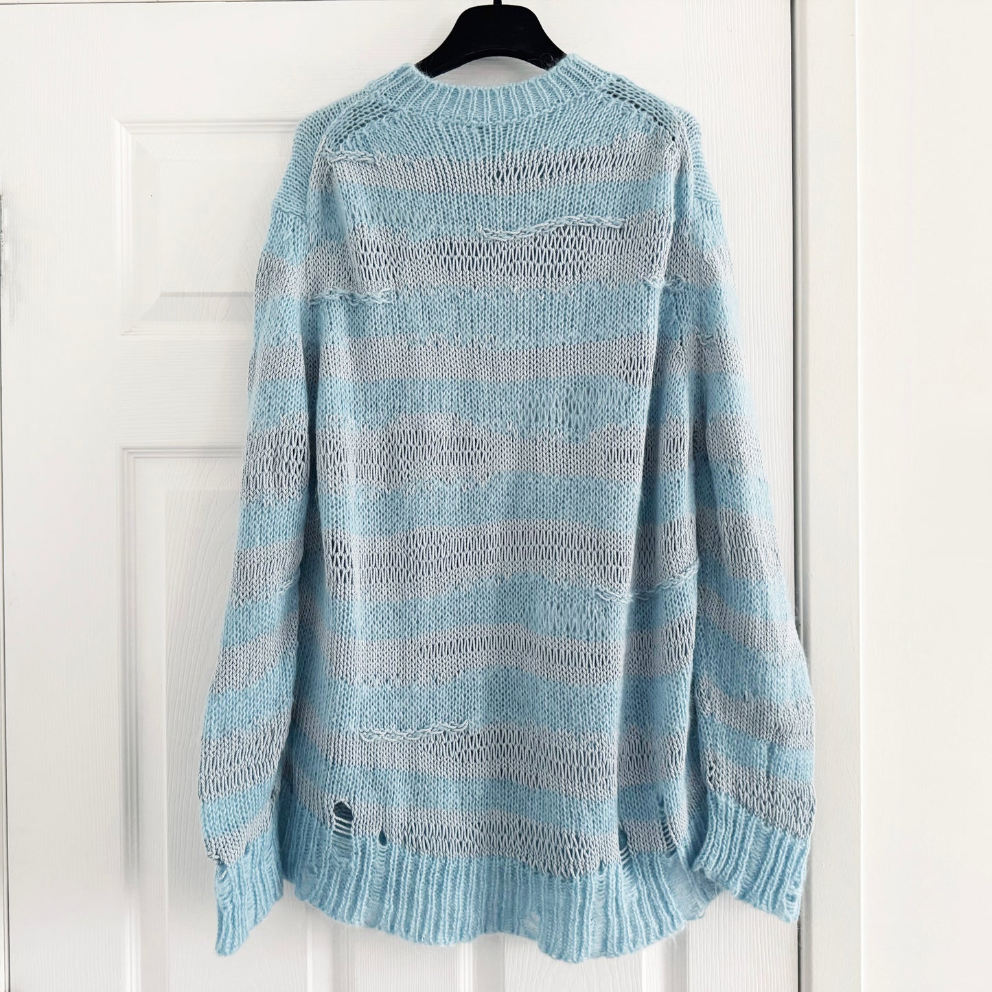 Acne Distressed Stripe Knit in Sky Blue/Powder Blue, size Small
