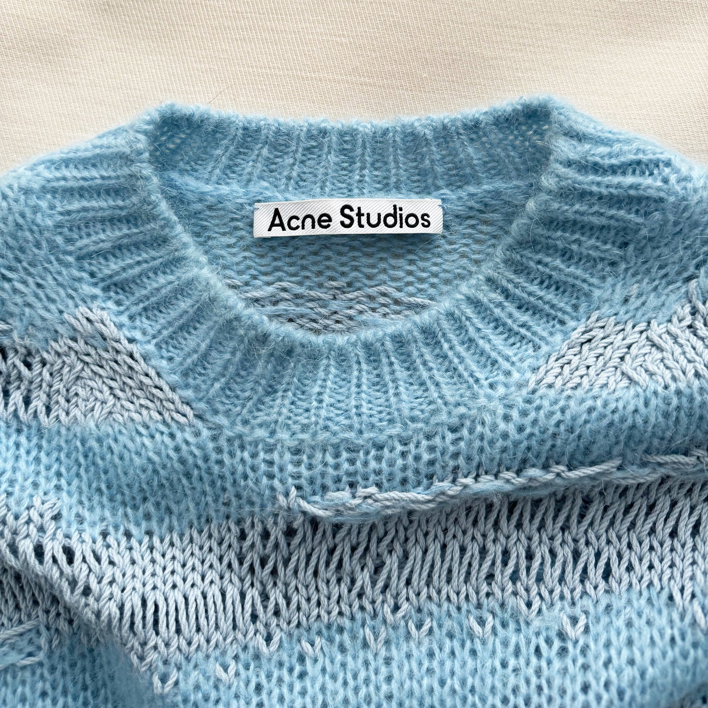 Acne Distressed Stripe Knit in Sky Blue/Powder Blue, size Small