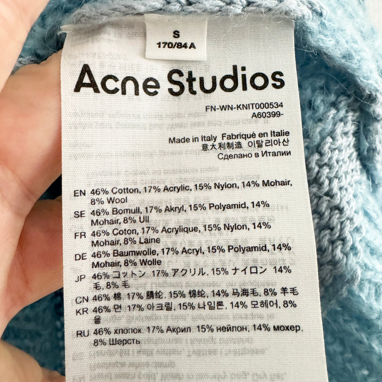 Acne Distressed Stripe Knit in Sky Blue/Powder Blue, size Small