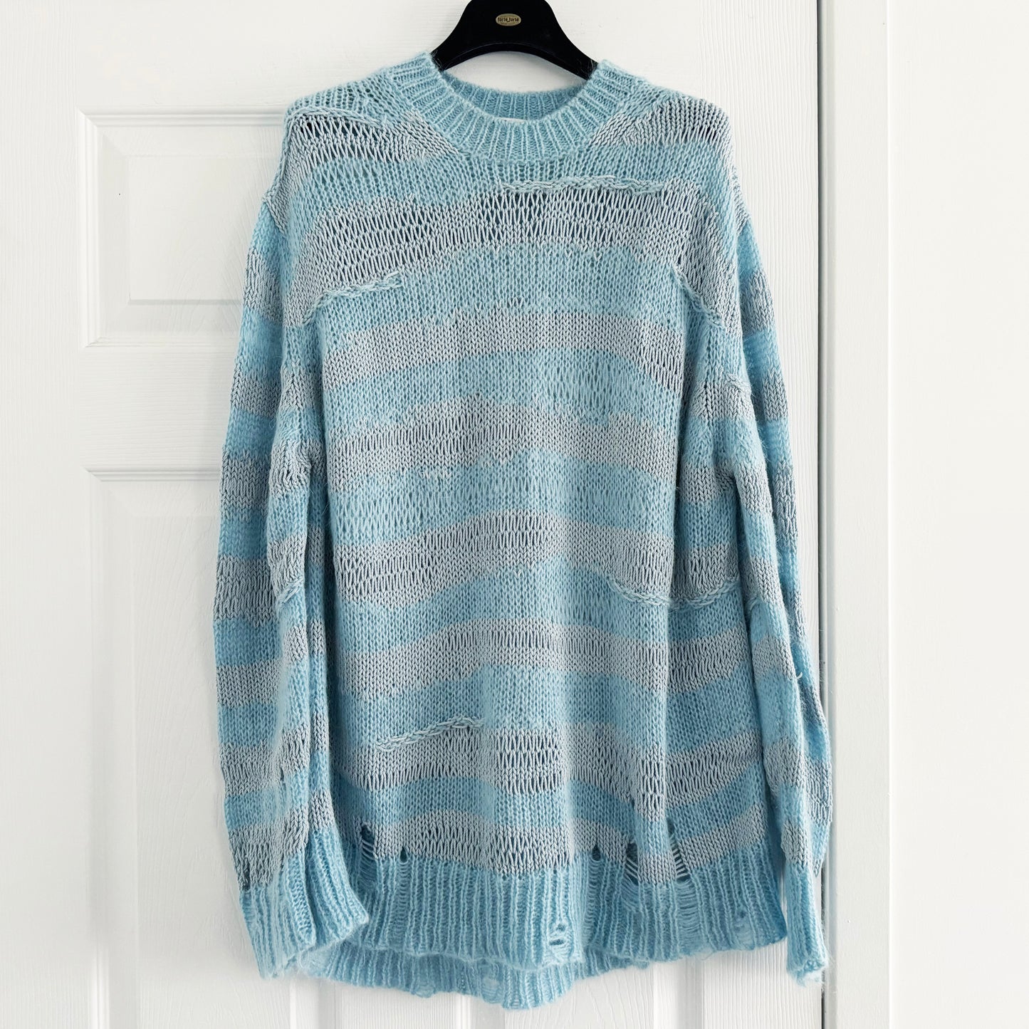 Acne Distressed Stripe Knit in Sky Blue/Powder Blue, size Small