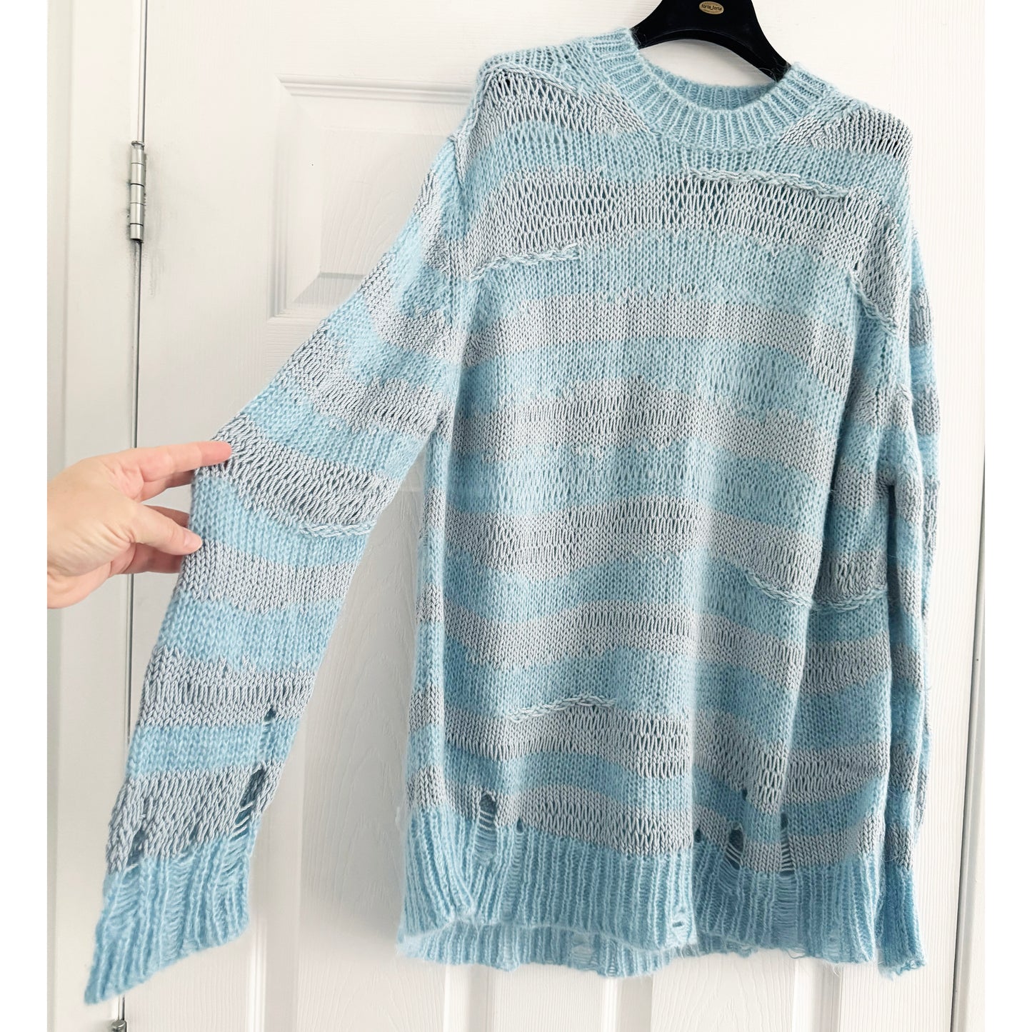 Acne Distressed Stripe Knit in Sky Blue/Powder Blue, size Small