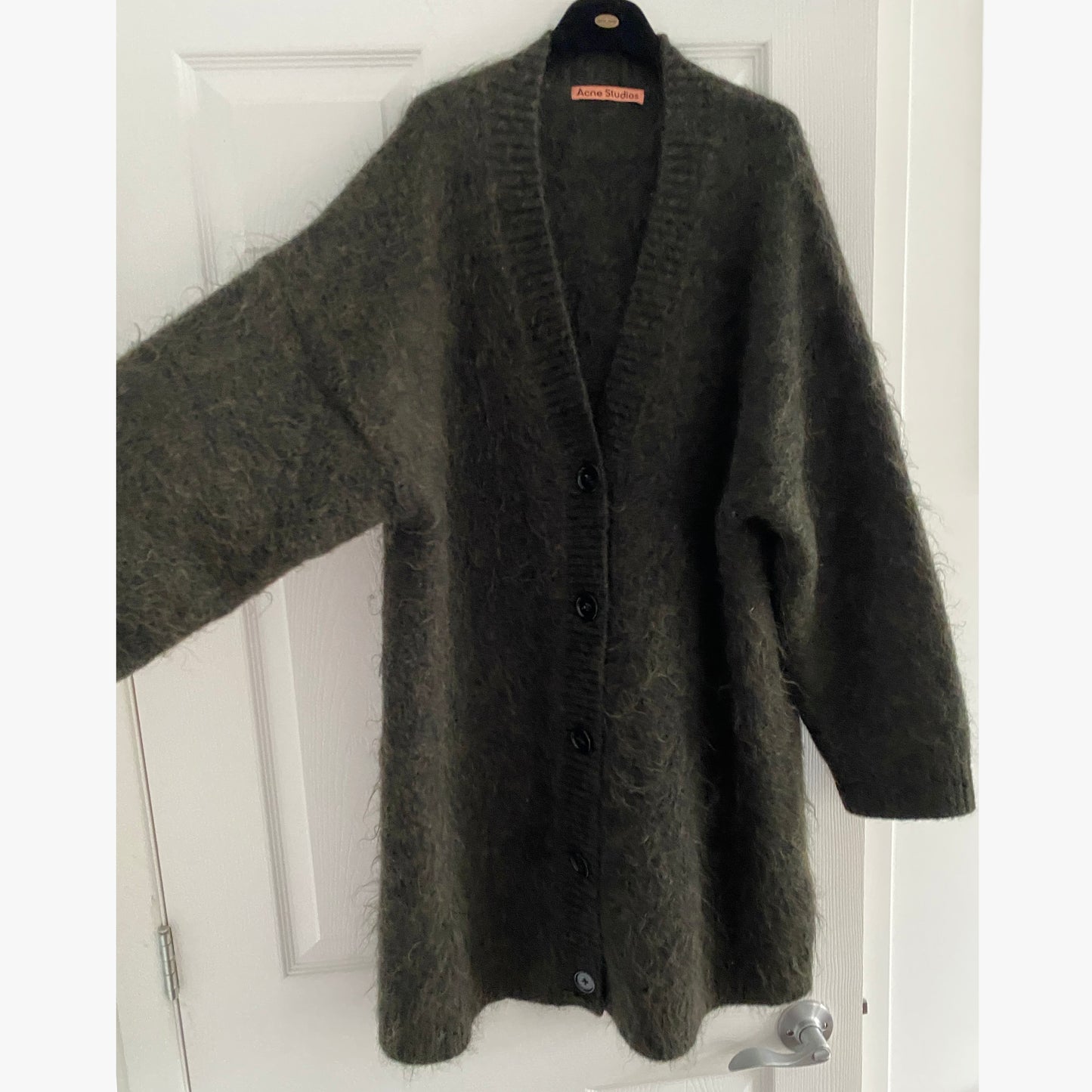 ACNE Wool/Mohair Long Cardigan in Green Olive, Size S/M (fits oversize)