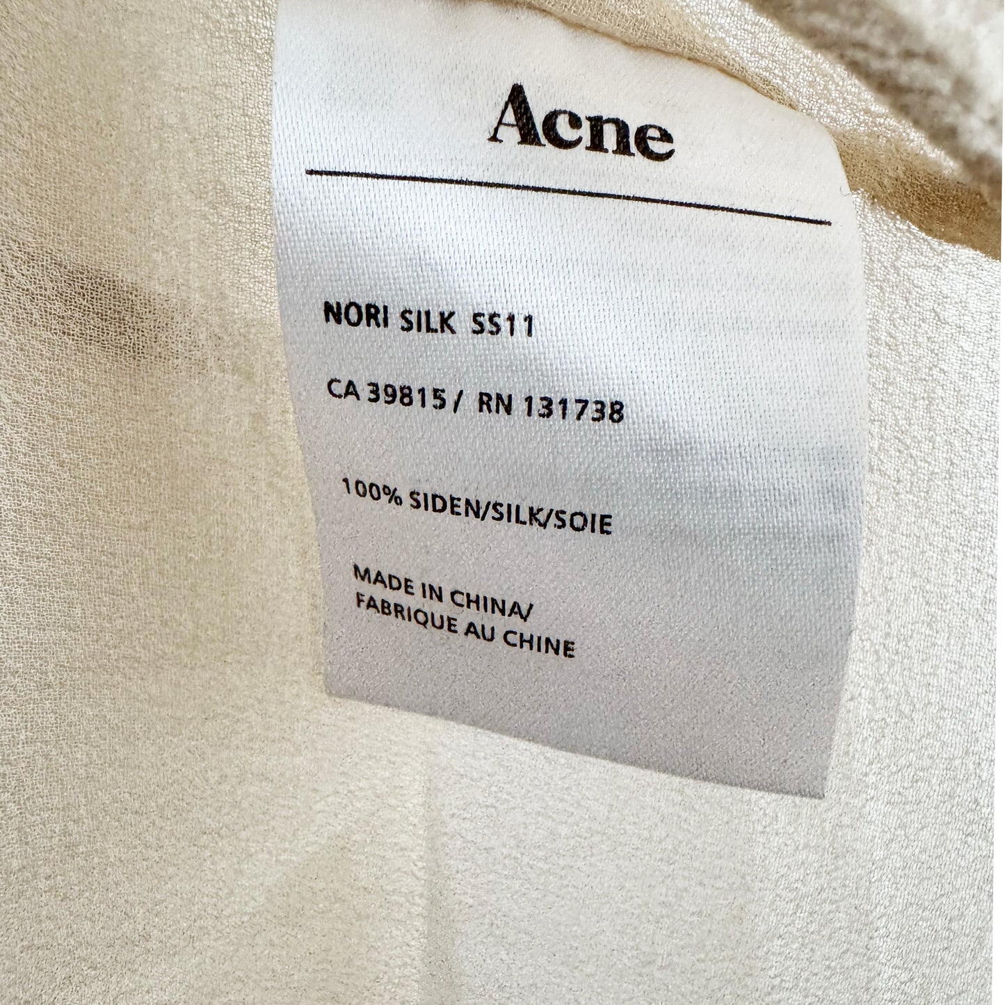 ACNE STUDIOS "Nori" Silk Tunic in Nude, size 38