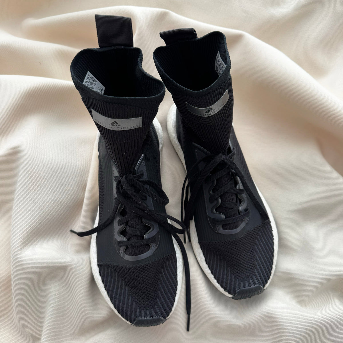 Adidas x Stella McCartney "Pulseboost" Sock Sneakers in Black, size 9