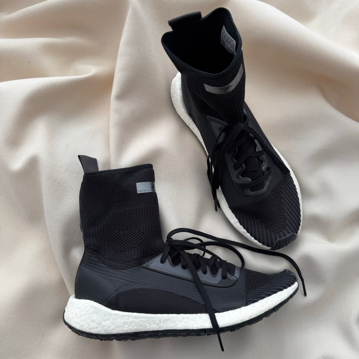 Adidas x Stella McCartney "Pulseboost" Sock Sneakers in Black, size 9