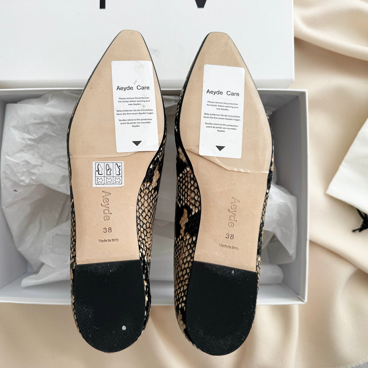 Aeyde "Betty" Snake Print Flats in "Hazelnut", size 38