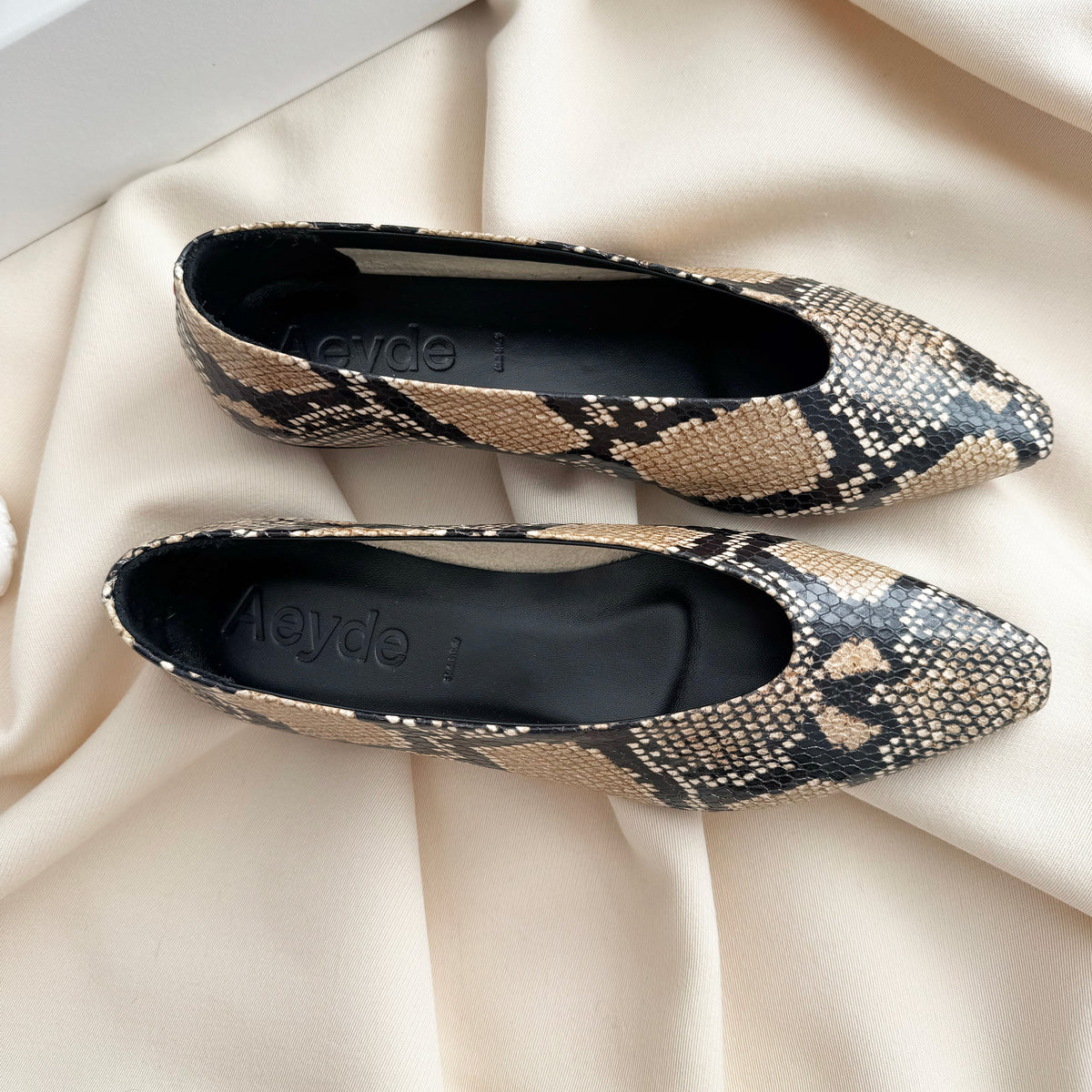 Aeyde "Betty" Snake Print Flats in "Hazelnut", size 38