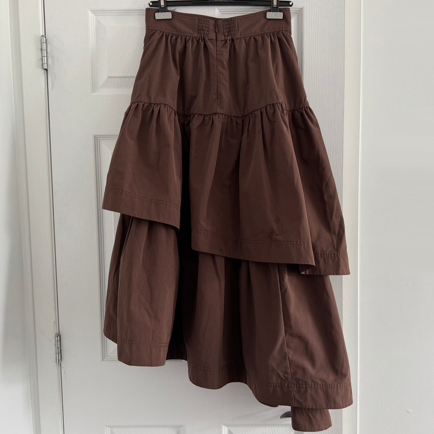 AJE Tiered Midi Skirt in Brown, size 8US/12UK
