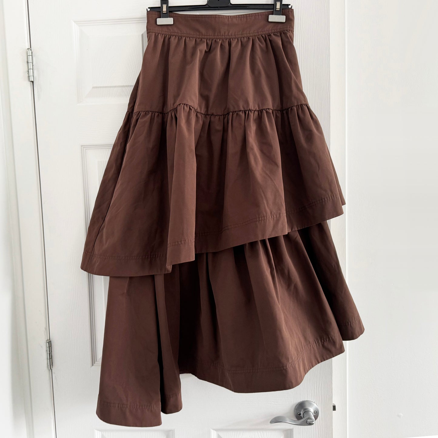 AJE Tiered Midi Skirt in Brown, size 8US/12UK