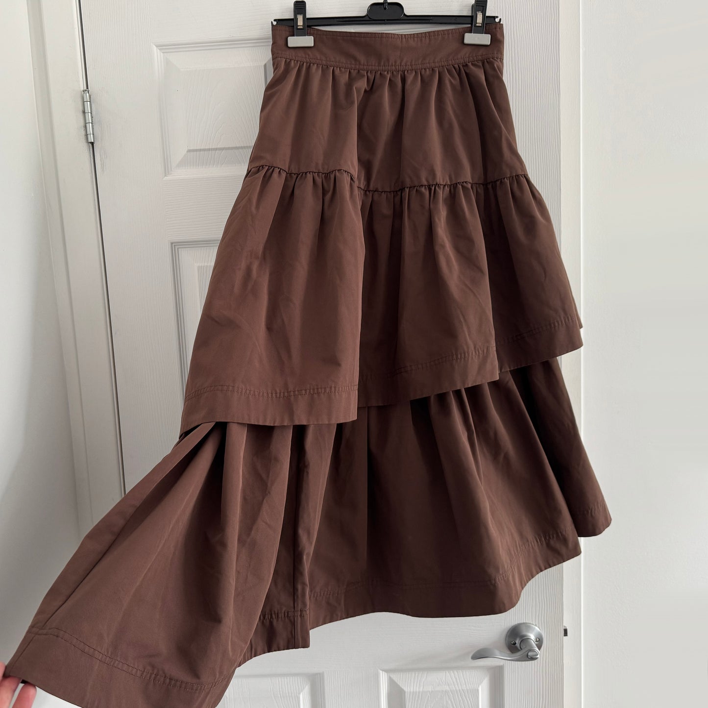AJE Tiered Midi Skirt in Brown, size 8US/12UK
