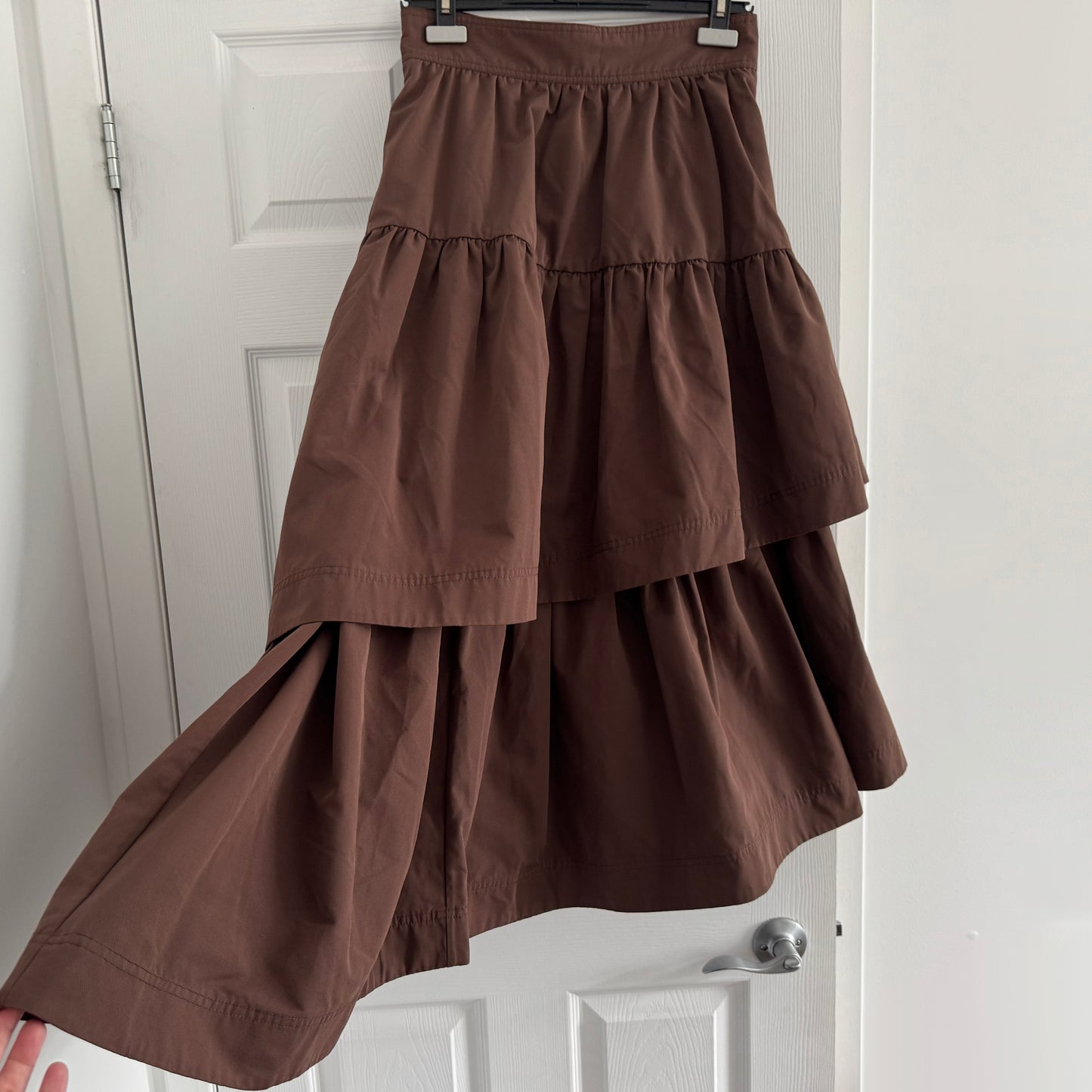 AJE Tiered Midi Skirt in Brown, size 8US/12UK