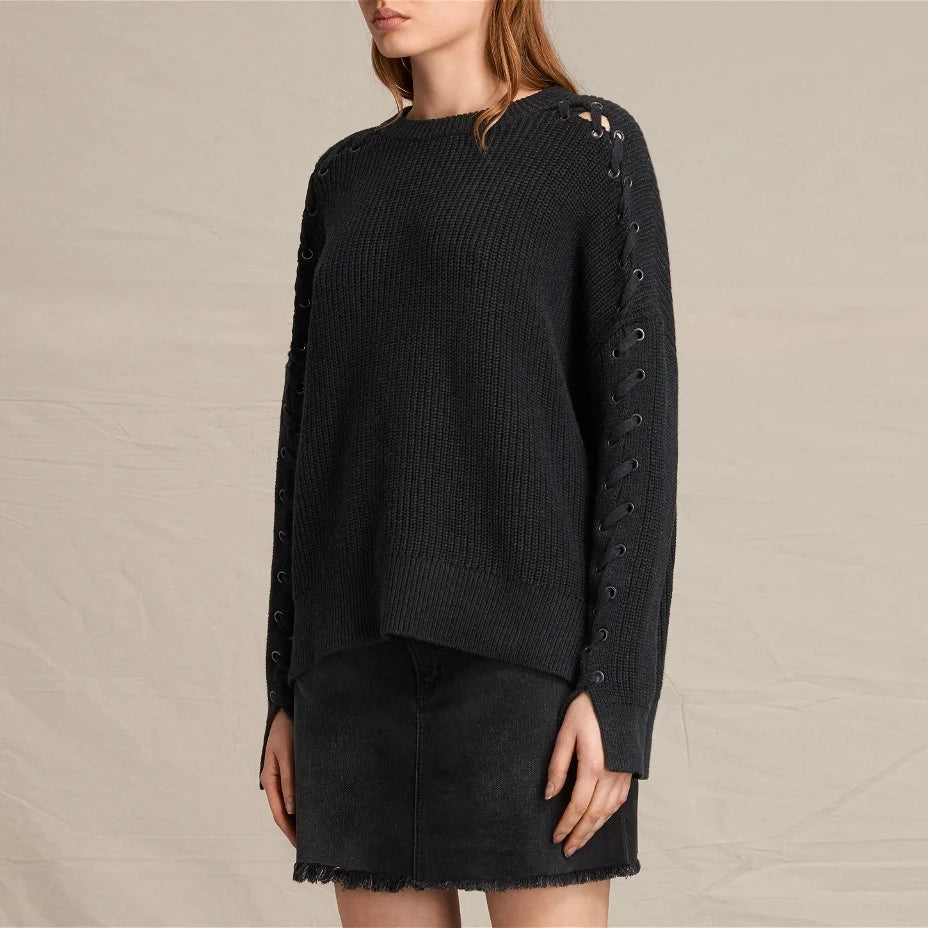 All Saints "Aria" Laced Cotton Sweater in Faded Black, size Medium (fits like M/L)