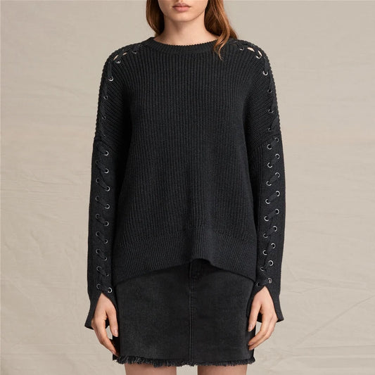 All Saints "Aria" Laced Cotton Sweater in Faded Black, size Medium (fits like M/L)