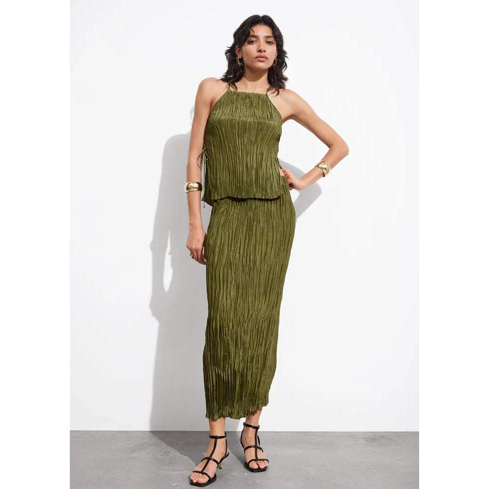 & Other Stories Pleated Silk Set in Green, size 6