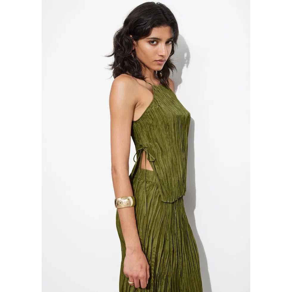 & Other Stories Pleated Silk Set in Green, size 6