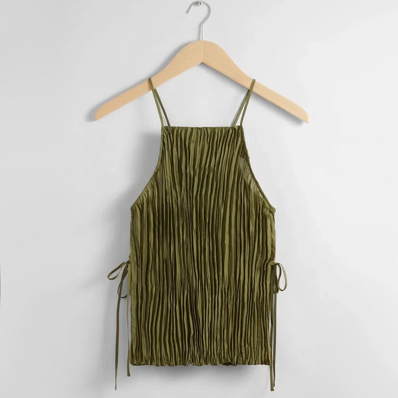 & Other Stories Pleated Silk Set in Green, size 6