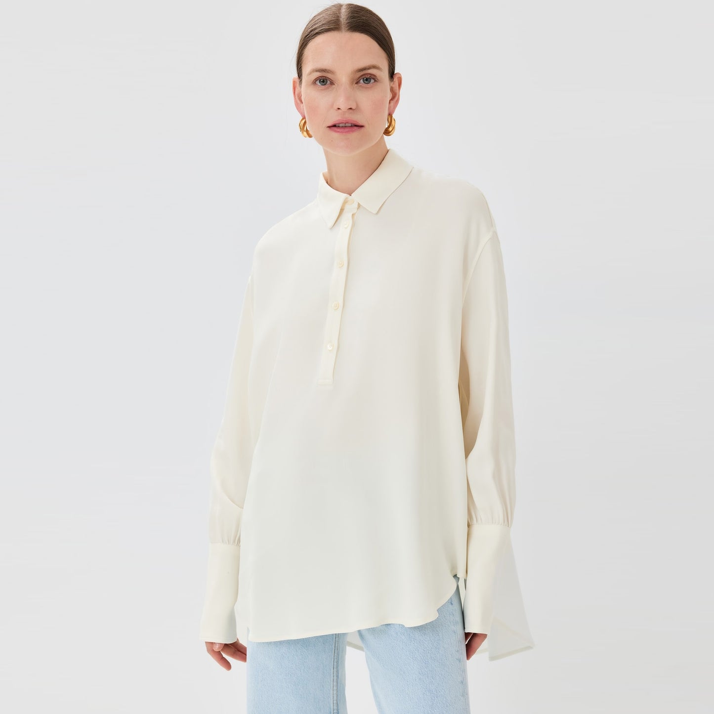 Anine Bing "Lake" Pullover Crepe Shirt in Ivory, size Small