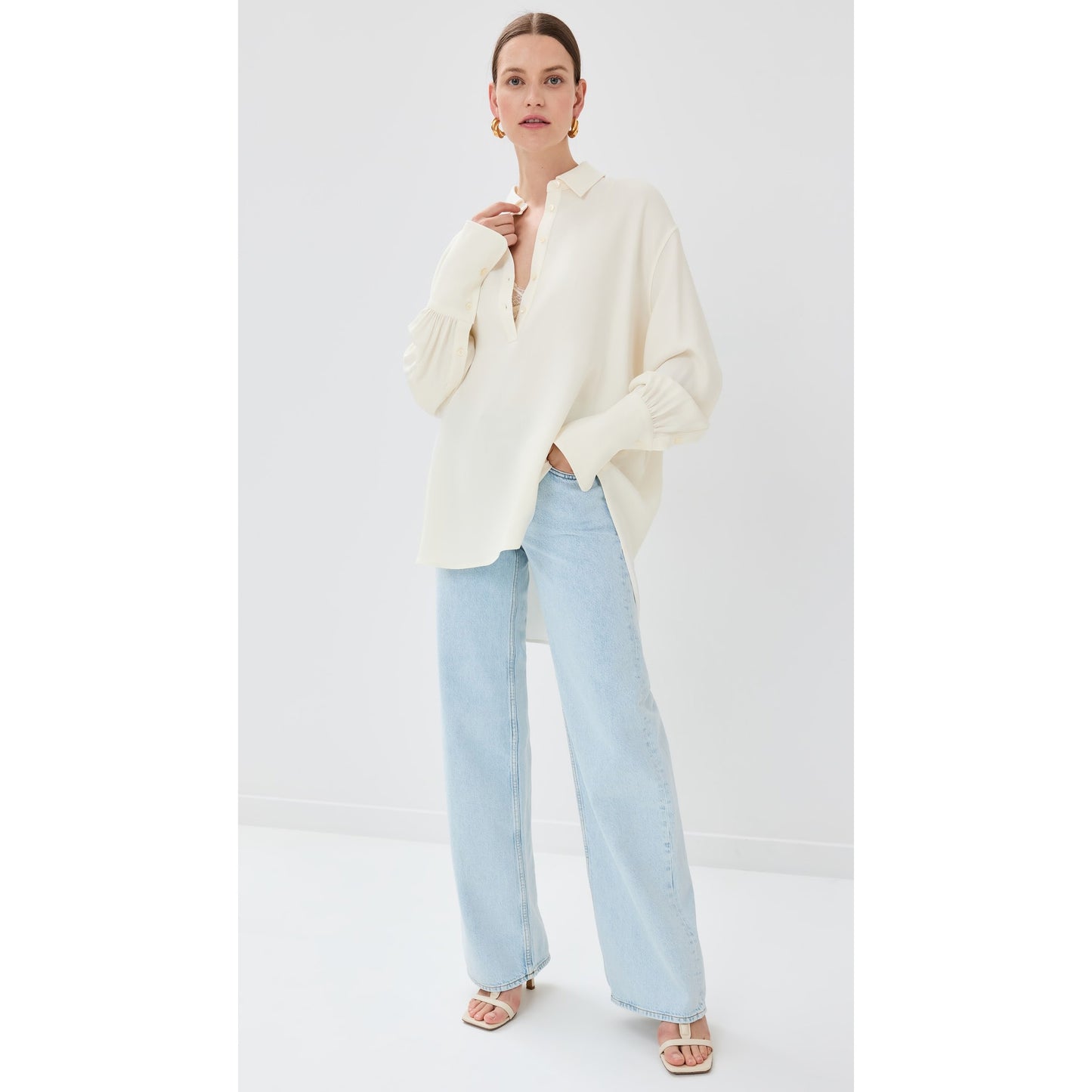 Anine Bing "Lake" Pullover Crepe Shirt in Ivory, size Small