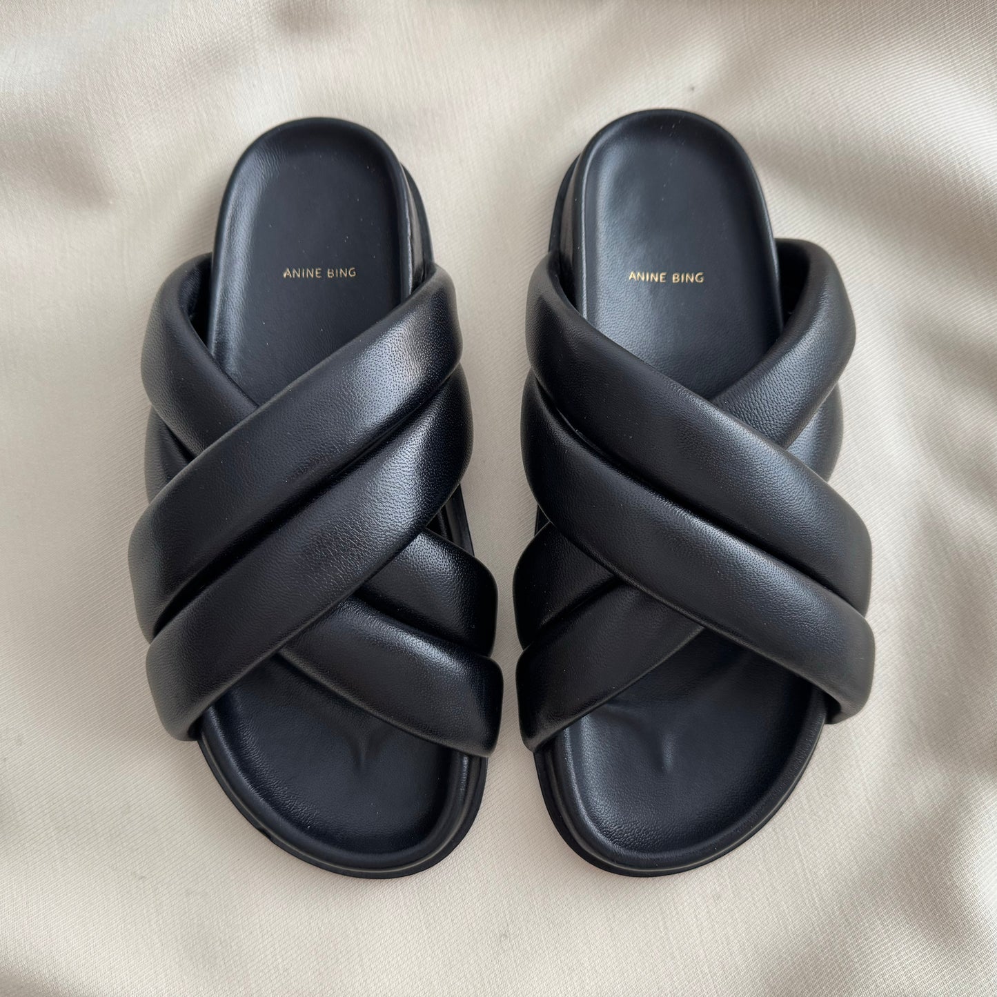 Anine Bing "Lizzie" Leather Slides in Black, size 38