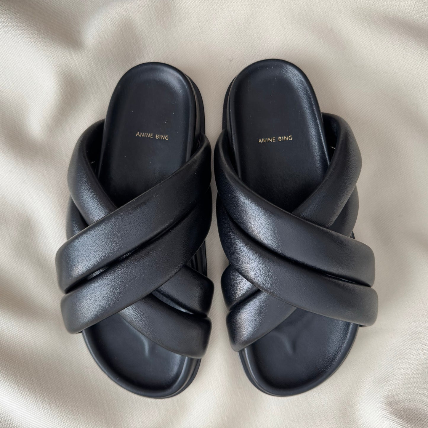 Anine Bing "Lizzie" Leather Slides in Black, size 38