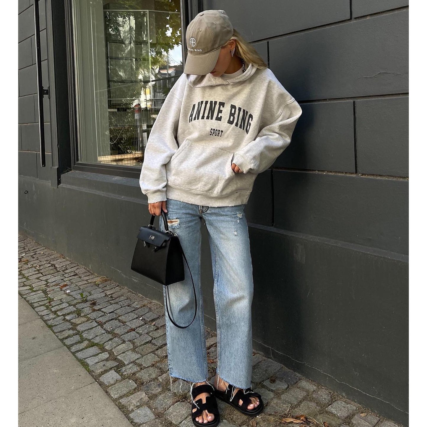 Anine Bing "Harvey" Logo Hoodie in Grey, size Small (fits oversize)