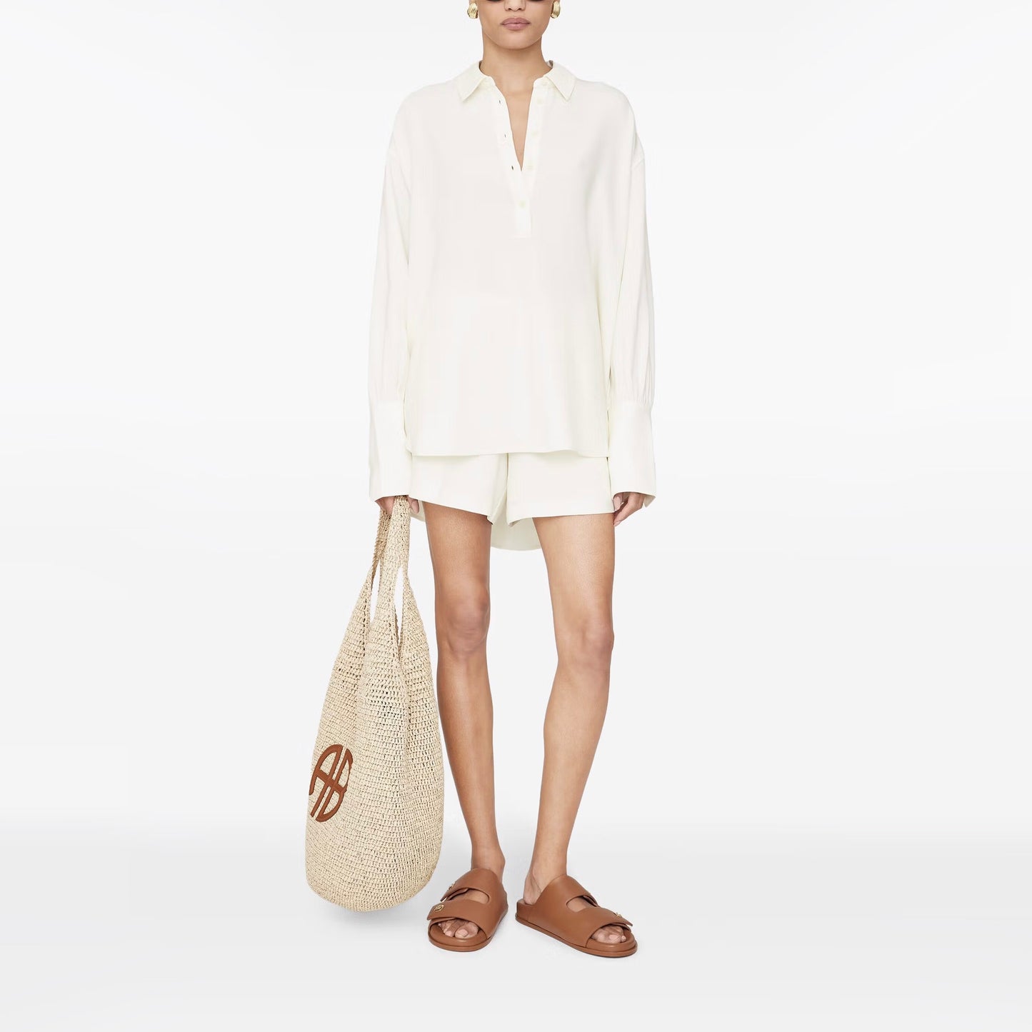 Anine Bing "Lake" Pullover Crepe Shirt in Ivory, size Small