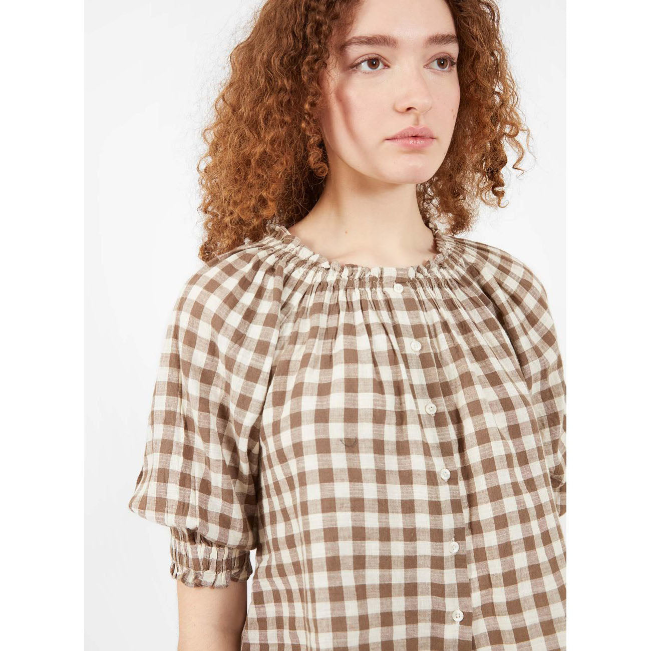 Apiece Apart "Casa" Gingham Top in Chestnut, size Medium