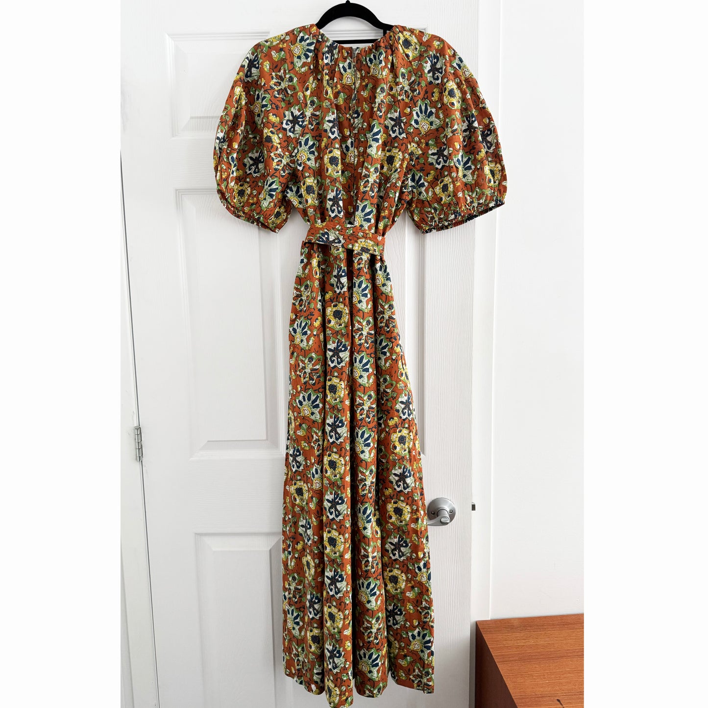Apiece Apart "Antonella" printed maxi dress in batik floral bronze, fits size 10??