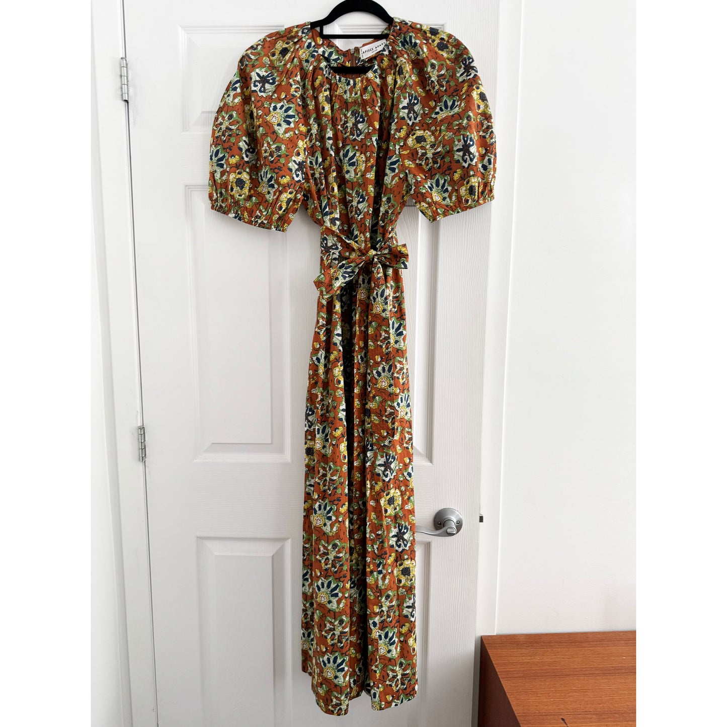 Apiece Apart "Antonella" printed maxi dress in batik floral bronze, fits size 10??