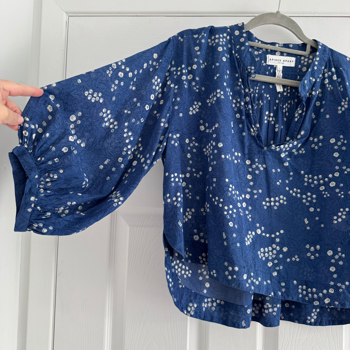 Apiece Apart "Topa" Printed Cotton Blouse in Blue, Size Small