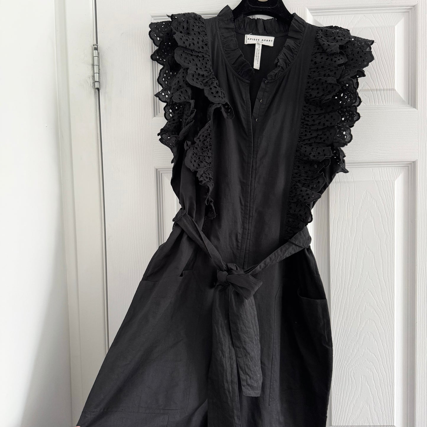 Apiece Apart "Limon" Ruffle Trimmed Jumpsuit in Black, size 6