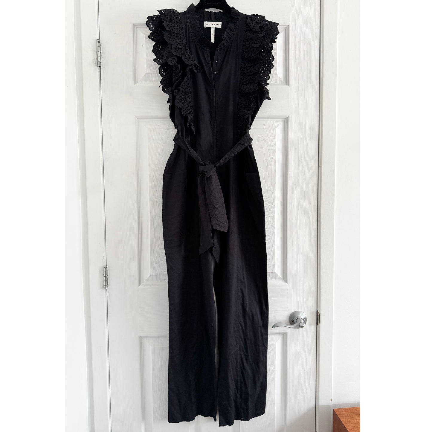Apiece Apart "Limon" Ruffle Trimmed Jumpsuit in Black, size 6