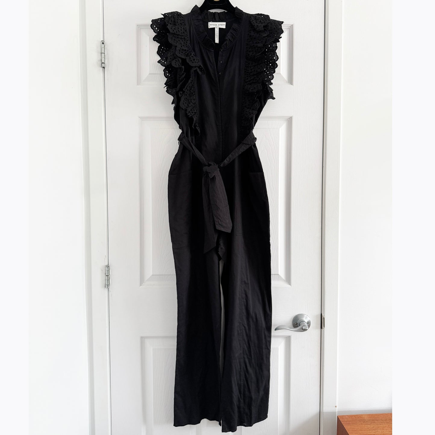 Apiece Apart "Limon" Ruffle Trimmed Jumpsuit in Black, size 6