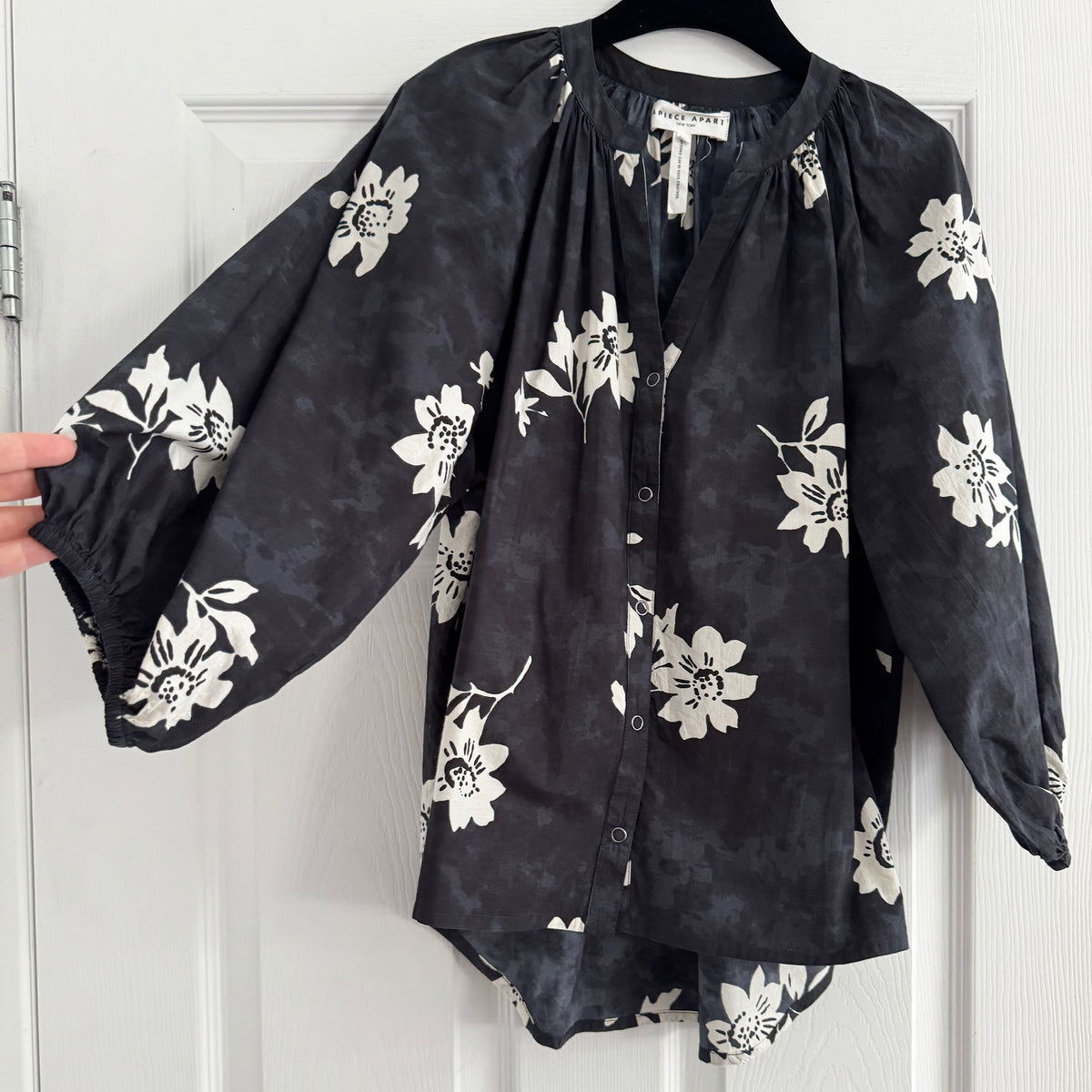Apiece Apart "Mitte" Floral Print Top in Black/Blue/Ivory, size XS