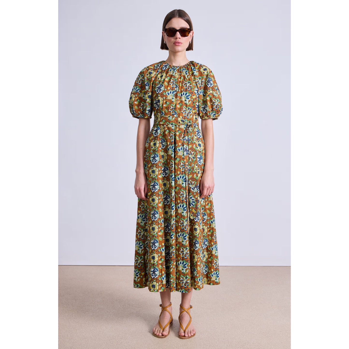 Apiece Apart "Antonella" printed maxi dress in batik floral bronze, fits size 10??