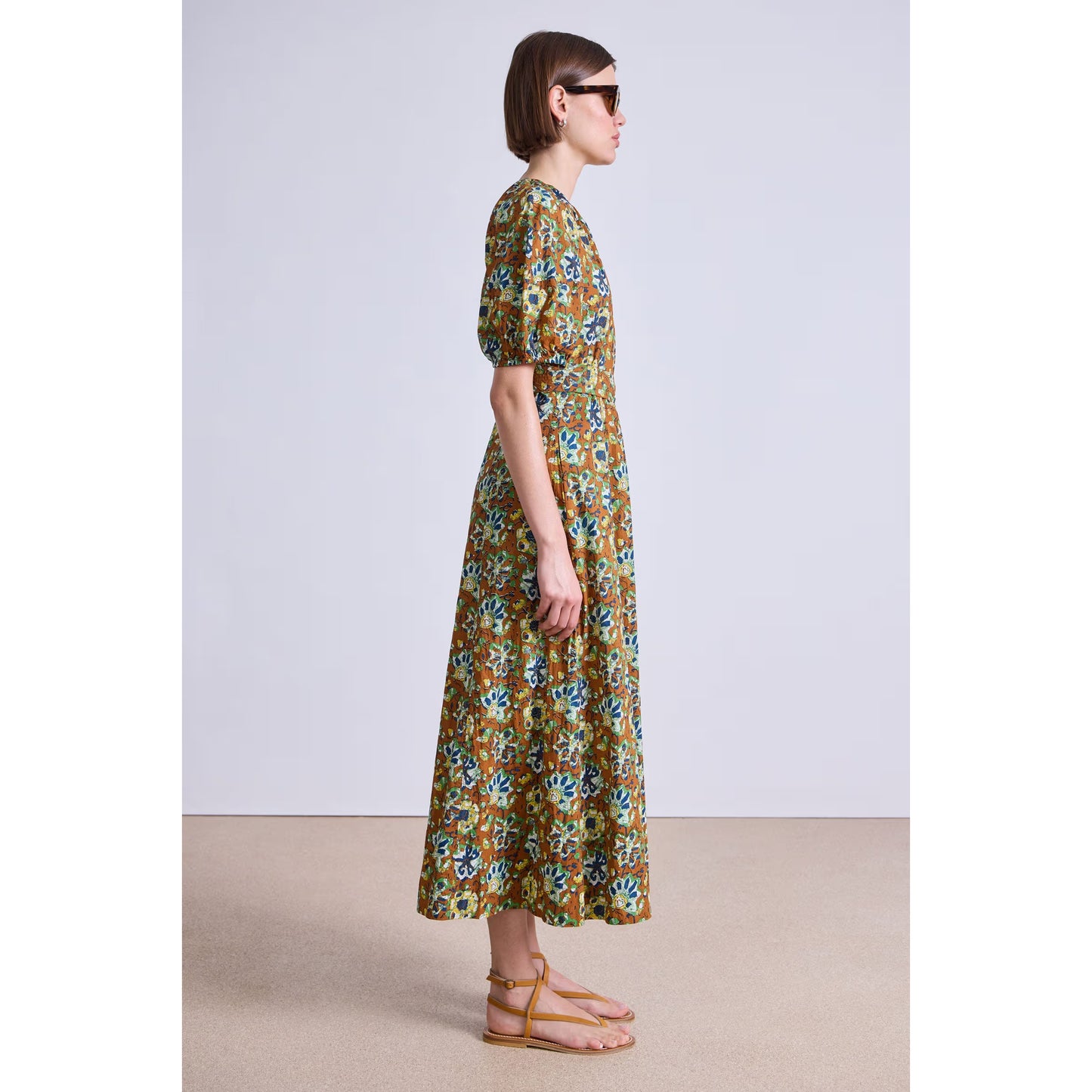 Apiece Apart "Antonella" printed maxi dress in batik floral bronze, fits size 10??