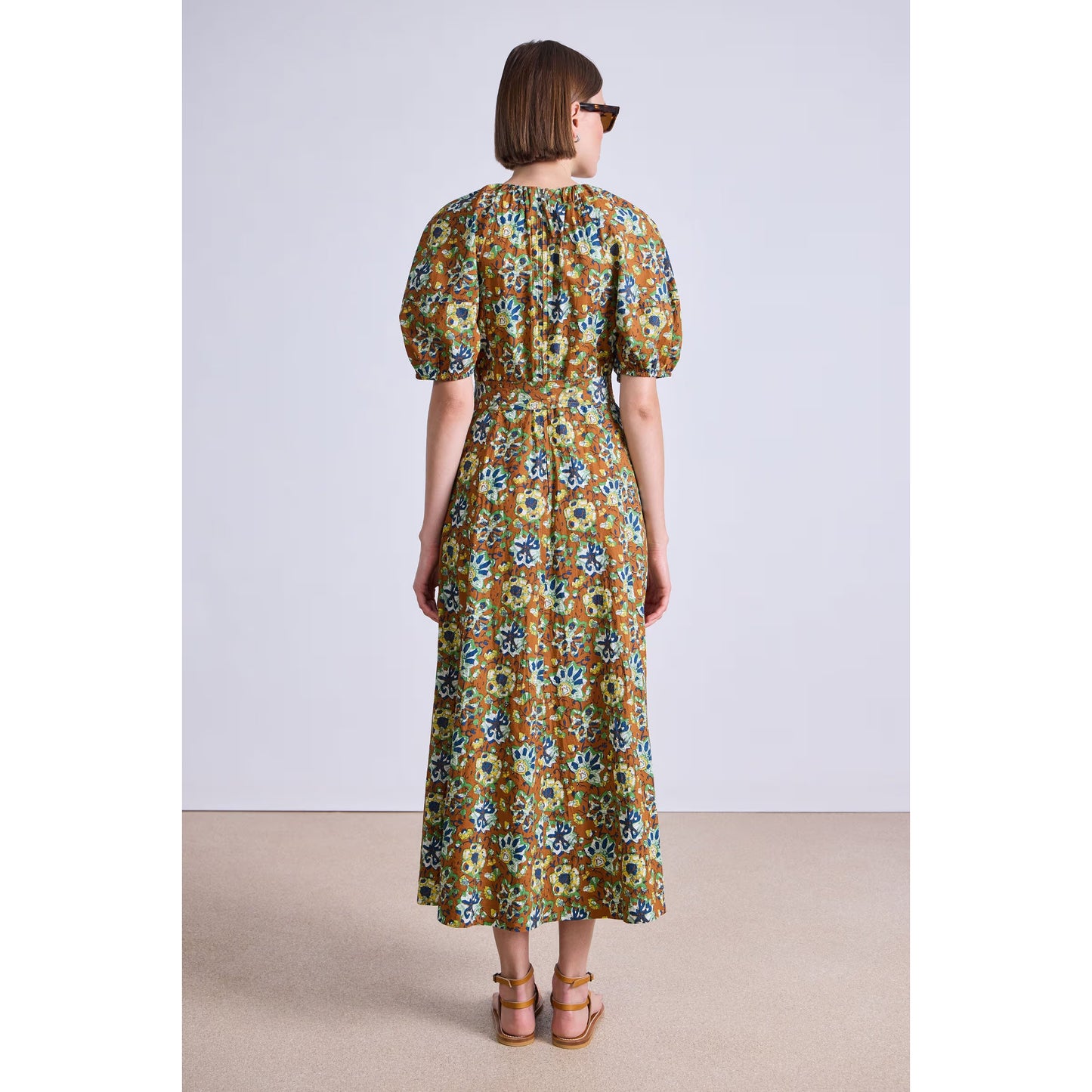 Apiece Apart "Antonella" printed maxi dress in batik floral bronze, fits size 10??