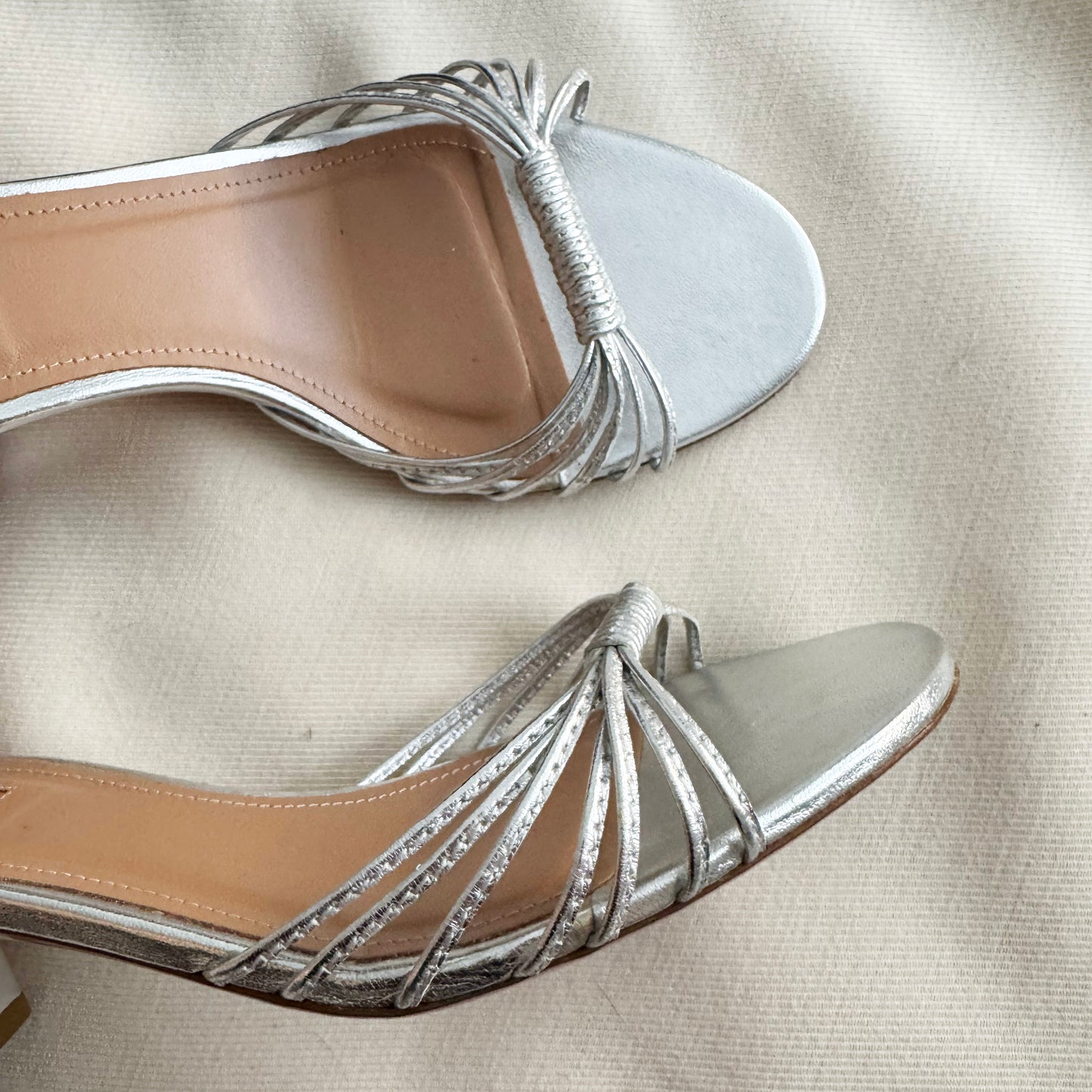 AQUAZZURA "Mescal" 50 Metallic Leather Sandals, size 38.5